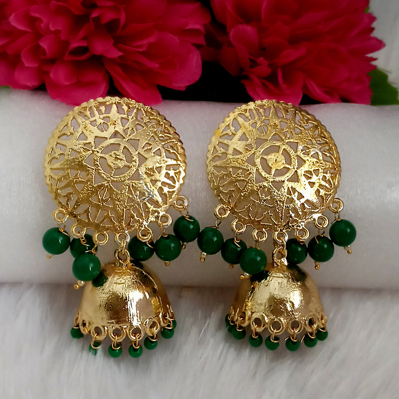 Kriaa Green Beads Gold Plated Jhumka Earrings