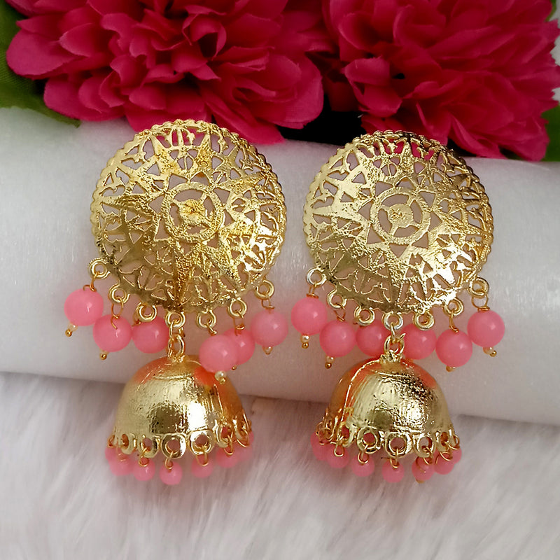 Kriaa Pink Beads Gold Plated Jhumka Earrings