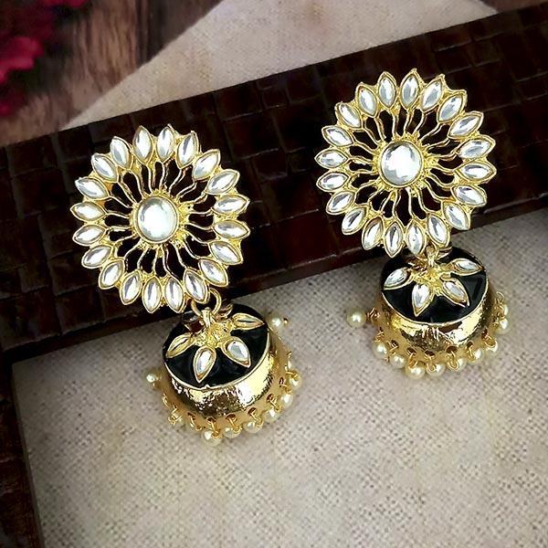 Kriaa Black Meenakari And Kundan Gold Plated Jhumki Earrings