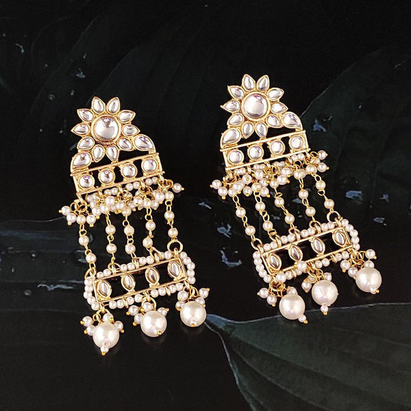 Kriaa Gold Plated White Beads and Kundan Dangler Earrings - 1316372A