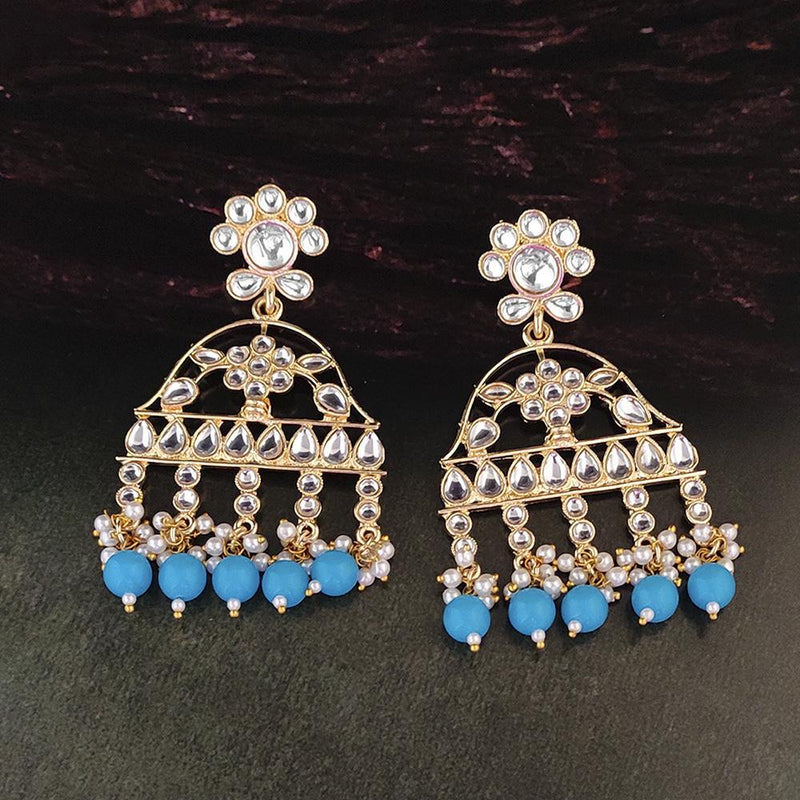 Kriaa Gold Plated Light Blue Beads and Kundan Dangler Earrings - 1316373F