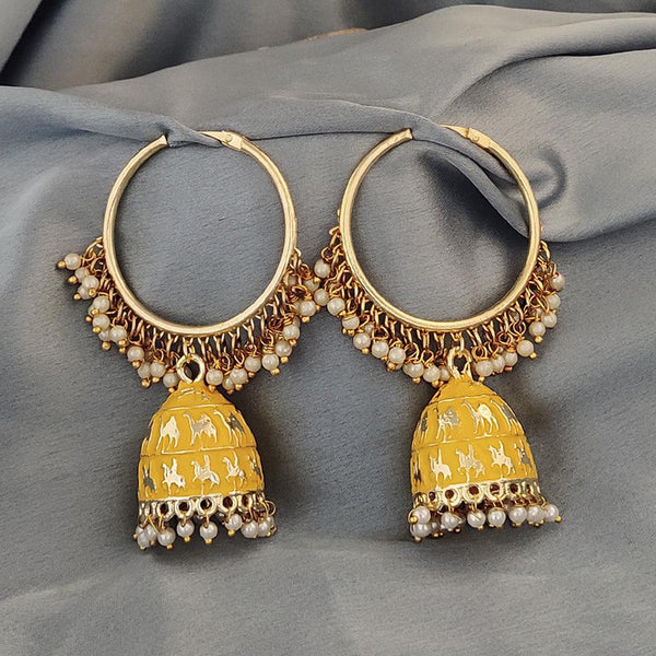 Kriaa Gold Plated Yellow Meenakari and Pearl Jhumki Earrings - 1316375H