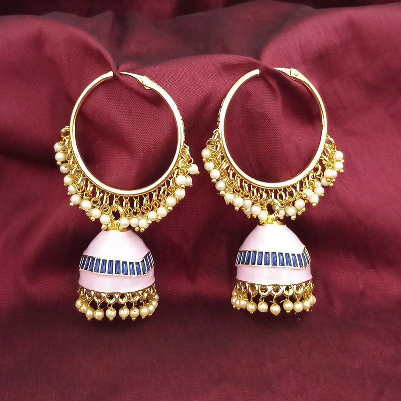 Kriaa Gold Plated L Pink Meenakari And Pearl Jhumki Earrings - 1316376I