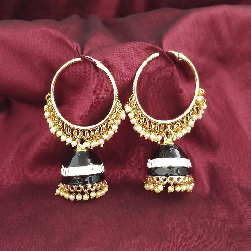Kriaa Gold Plated Black Meenakari And Pearl Jhumki Earrings - 1316376J