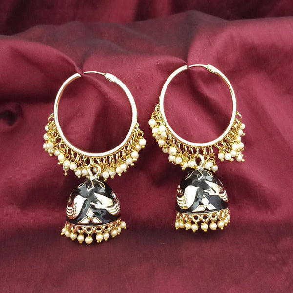Kriaa Gold Plated Black Meenakari And Pearl Jhumki Earrings - 1316377D