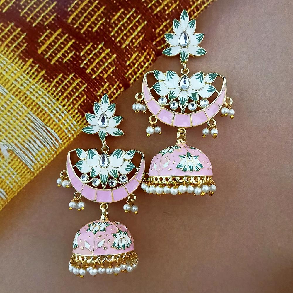 Kriaa Gold Plated Red Meenakari And Kundan Jhumki Earrings - 1316379A