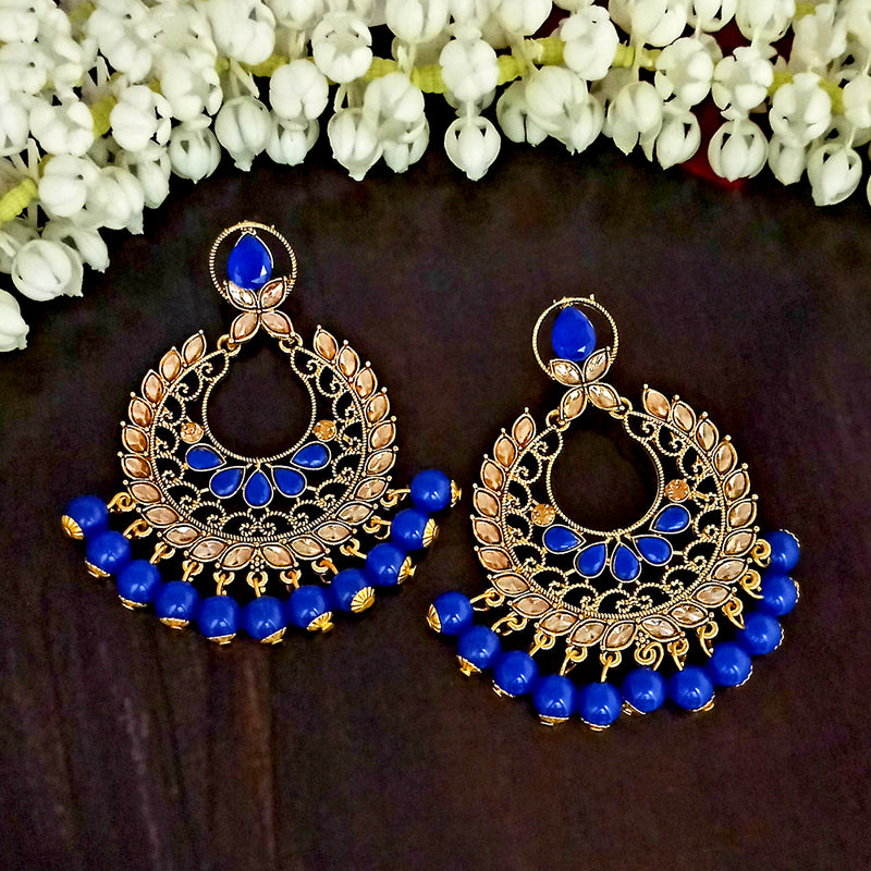 JD Arts Gold Plated Kundan Blue Dangler Earrings