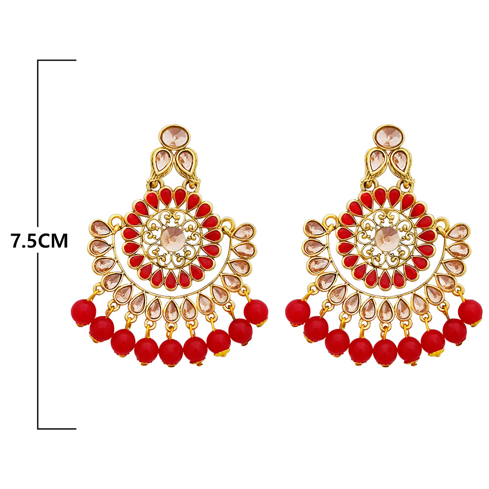 JD Arts Gold Plated Kundan Red Beads Dangler Earrings