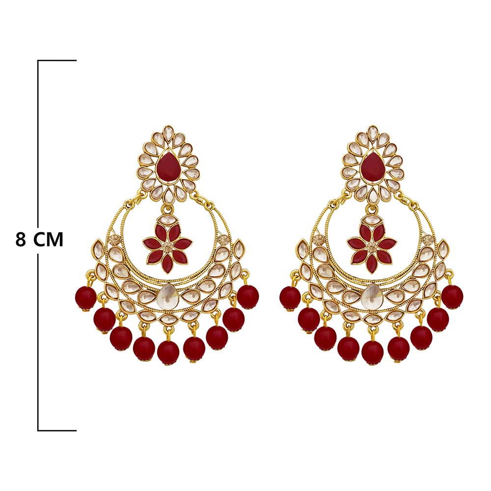 JD Arts Gold Plated Kundan Maroon Beads Dangler Earrings