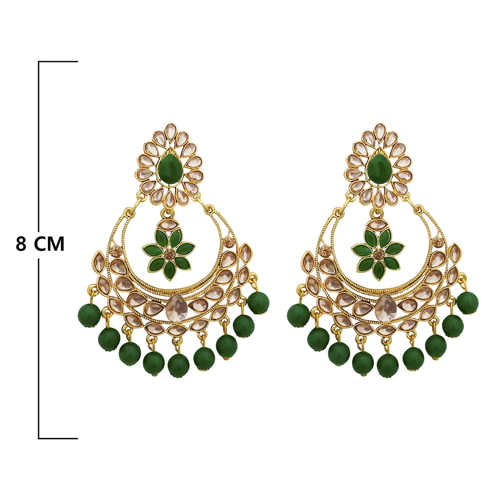 JD Arts Gold Plated Kundan Green Beads Dangler Earrings
