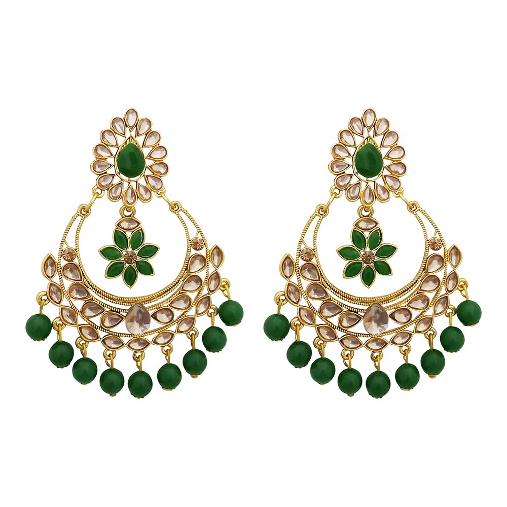 JD Arts Gold Plated Kundan Green Beads Dangler Earrings