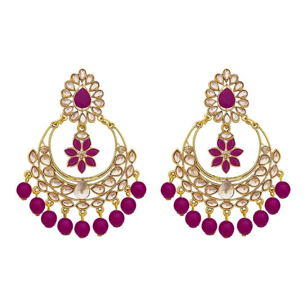JD Arts Gold Plated Kundan Pink Beads Dangler Earrings