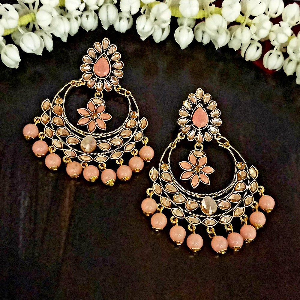 JD Arts Gold Plated Kundan Peach Beads Dangler Earrings