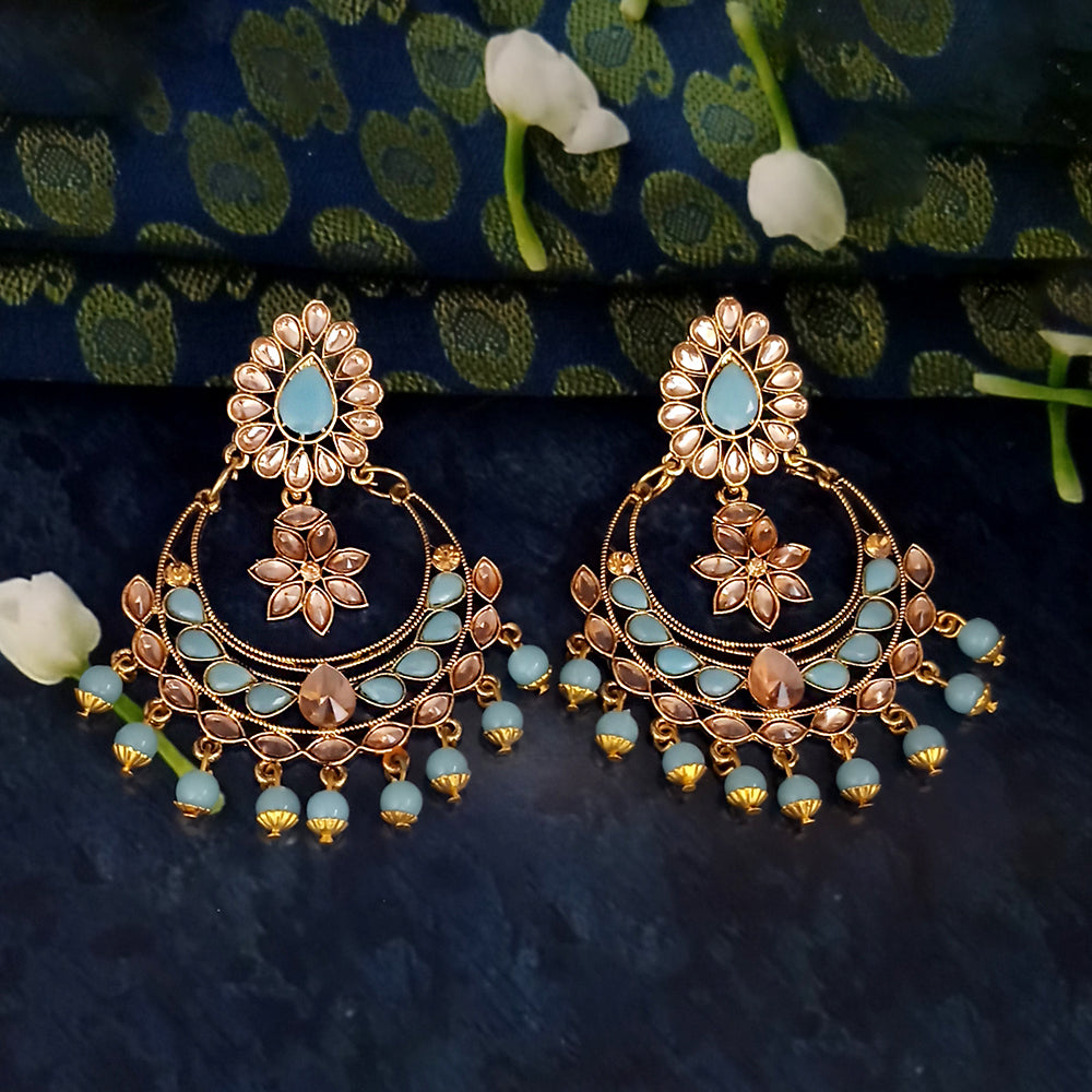 JD Arts Gold Plated Kundan Blue Beads Dangler Earrings