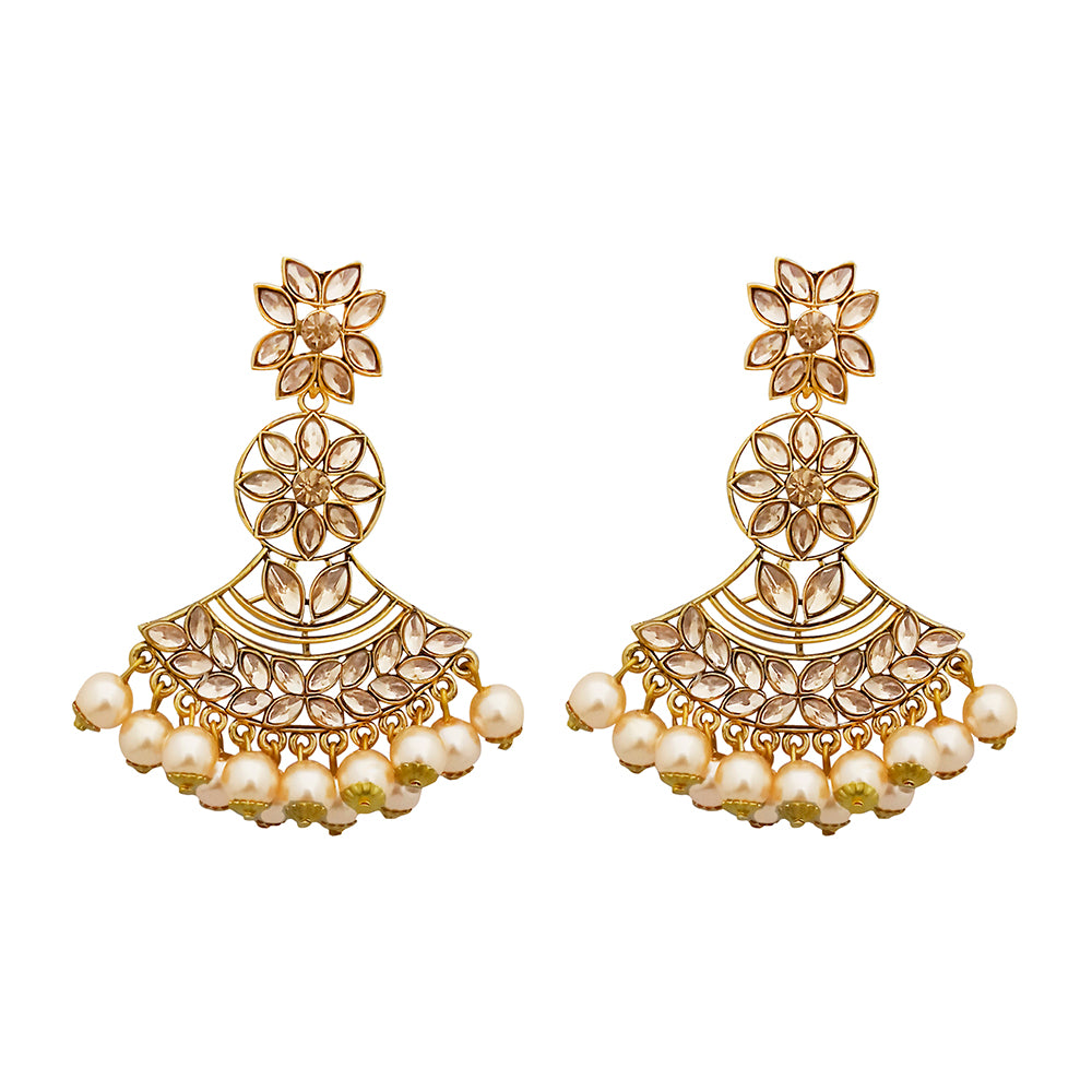 JD Arts Floral Kundan Golden Dangler Earrings