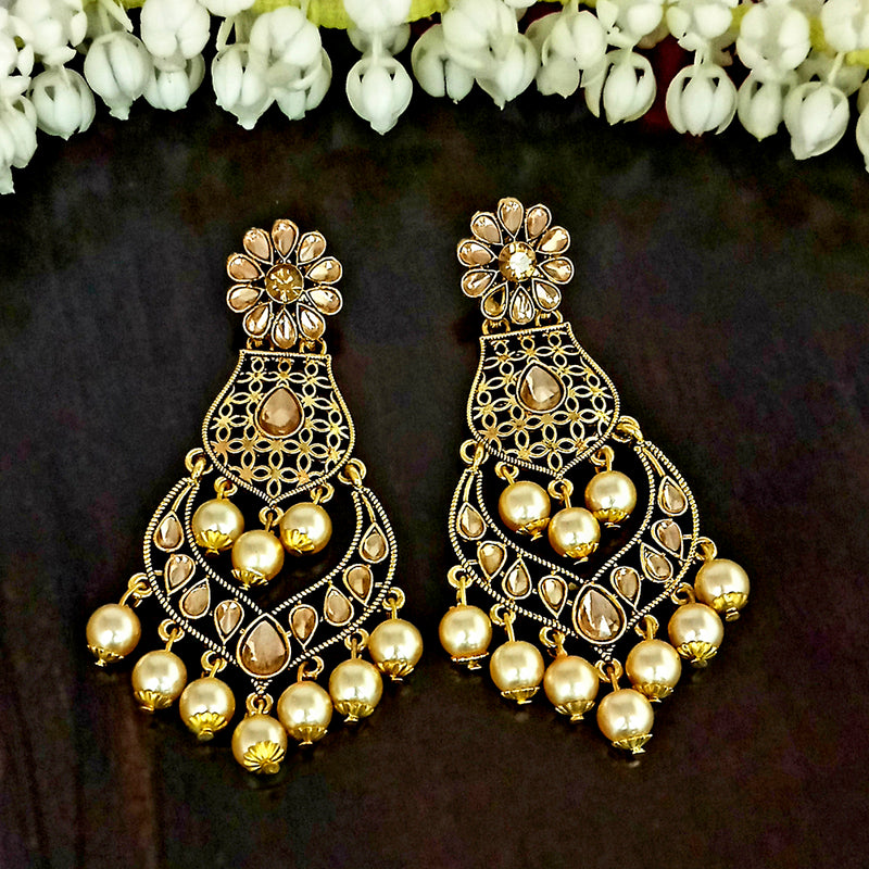 JD Arts Gold Plated White Beads Kundan Stone Dangler Earring