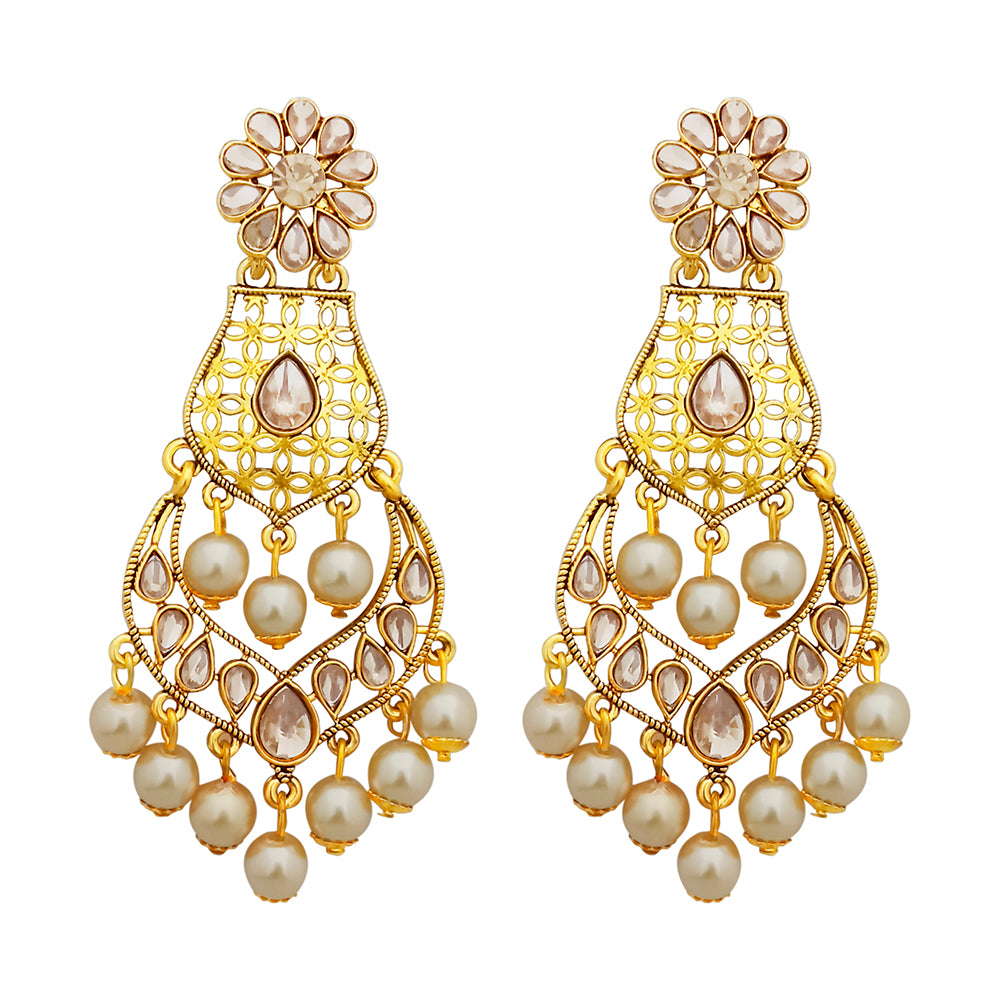JD Arts Gold Plated White Beads Kundan Stone Dangler Earring