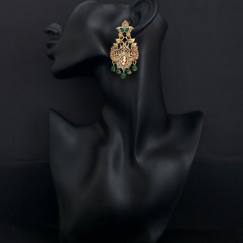 JD Arts Antique Gold Plated Kundan Green Beads Dangler Earring