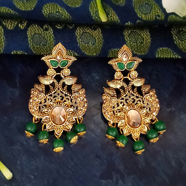 JD Arts Antique Gold Plated Kundan Green Beads Dangler Earring