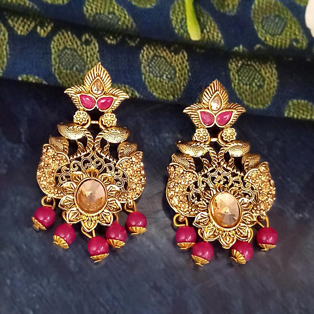 JD Arts Antique Gold Plated Kundan Pink Beads Dangler Earrings - 1317622D