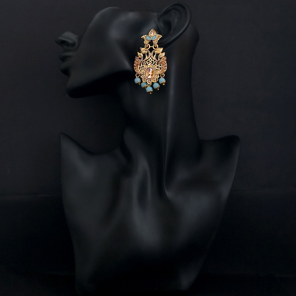 JD Arts Antique Gold Plated Kundan Blue Beads Dangler Earrings