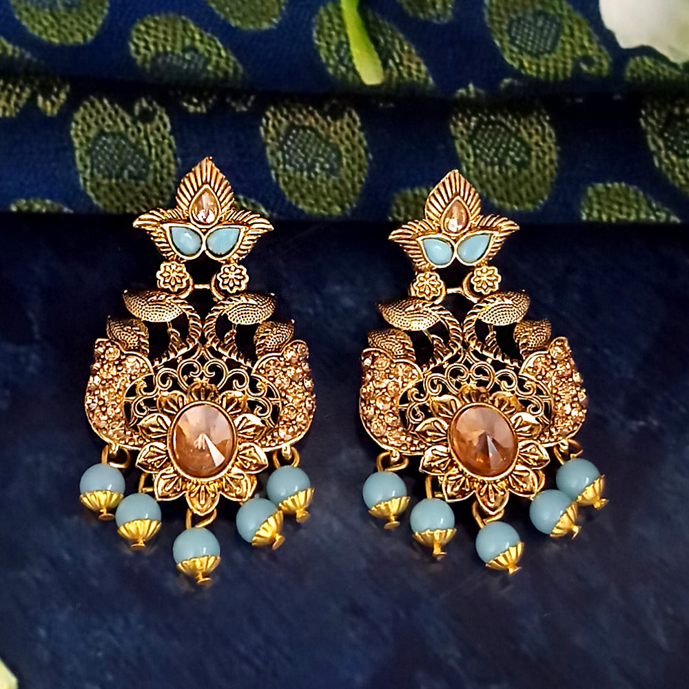 JD Arts Antique Gold Plated Kundan Blue Beads Dangler Earrings