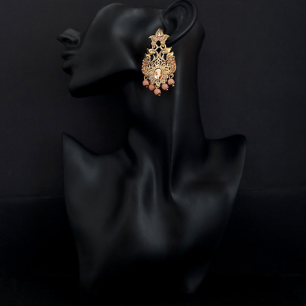 JD Arts Antique Gold Plated Kundan Peach Beads Dangler Earrings