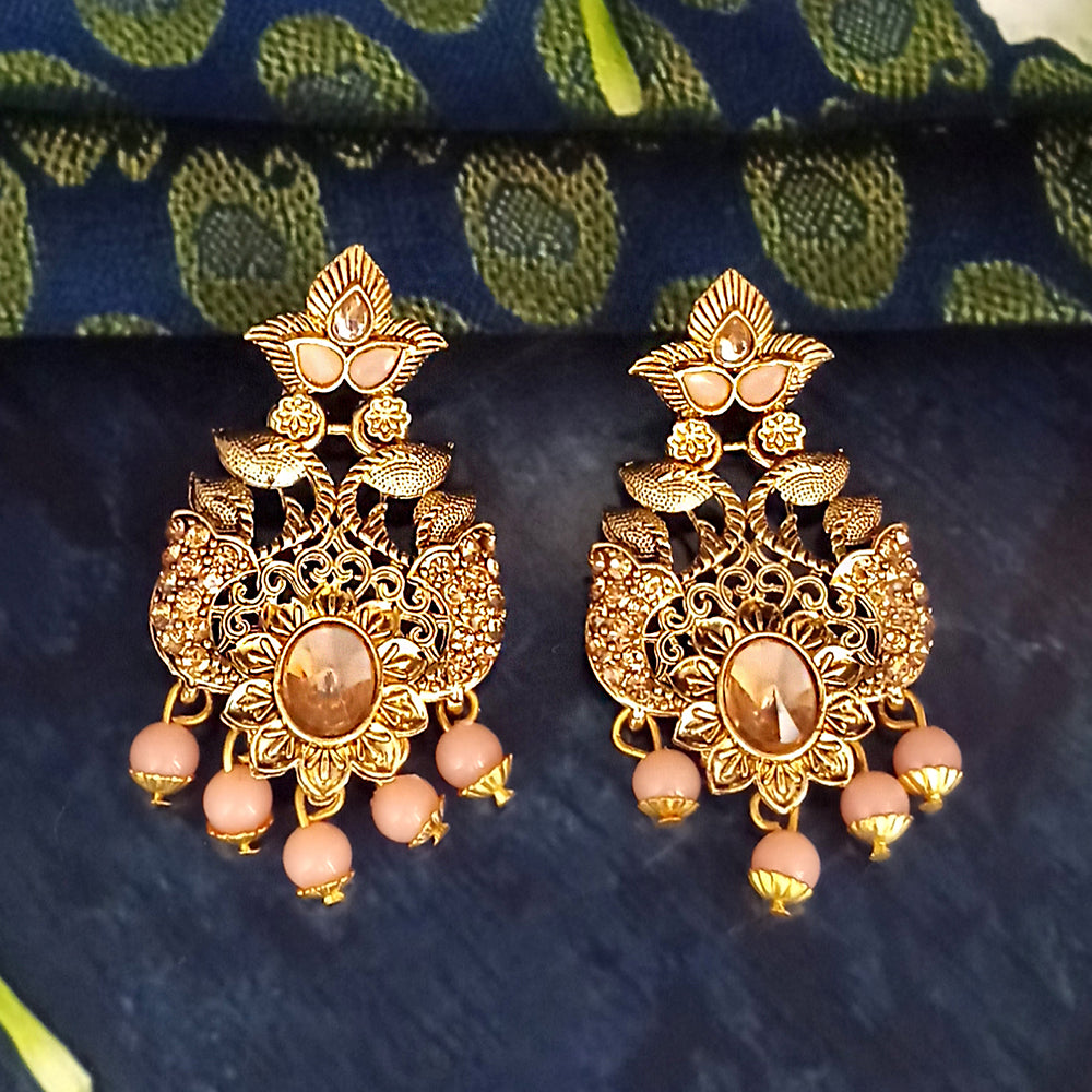 JD Arts Antique Gold Plated Kundan Peach Beads Dangler Earrings