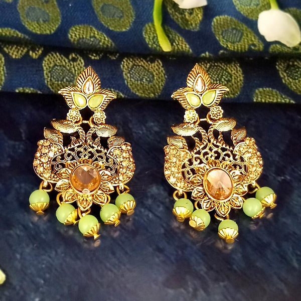 JD Arts Antique Gold Plated Kundan Green Beads Dangler Earrings - 1317622G
