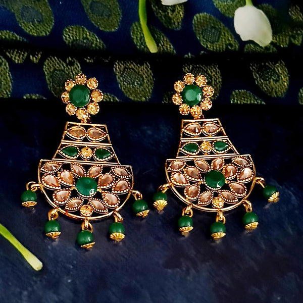 JD Arts Antique Gold Plated Kundan Green Beads Dangler Earrings - 1317623C