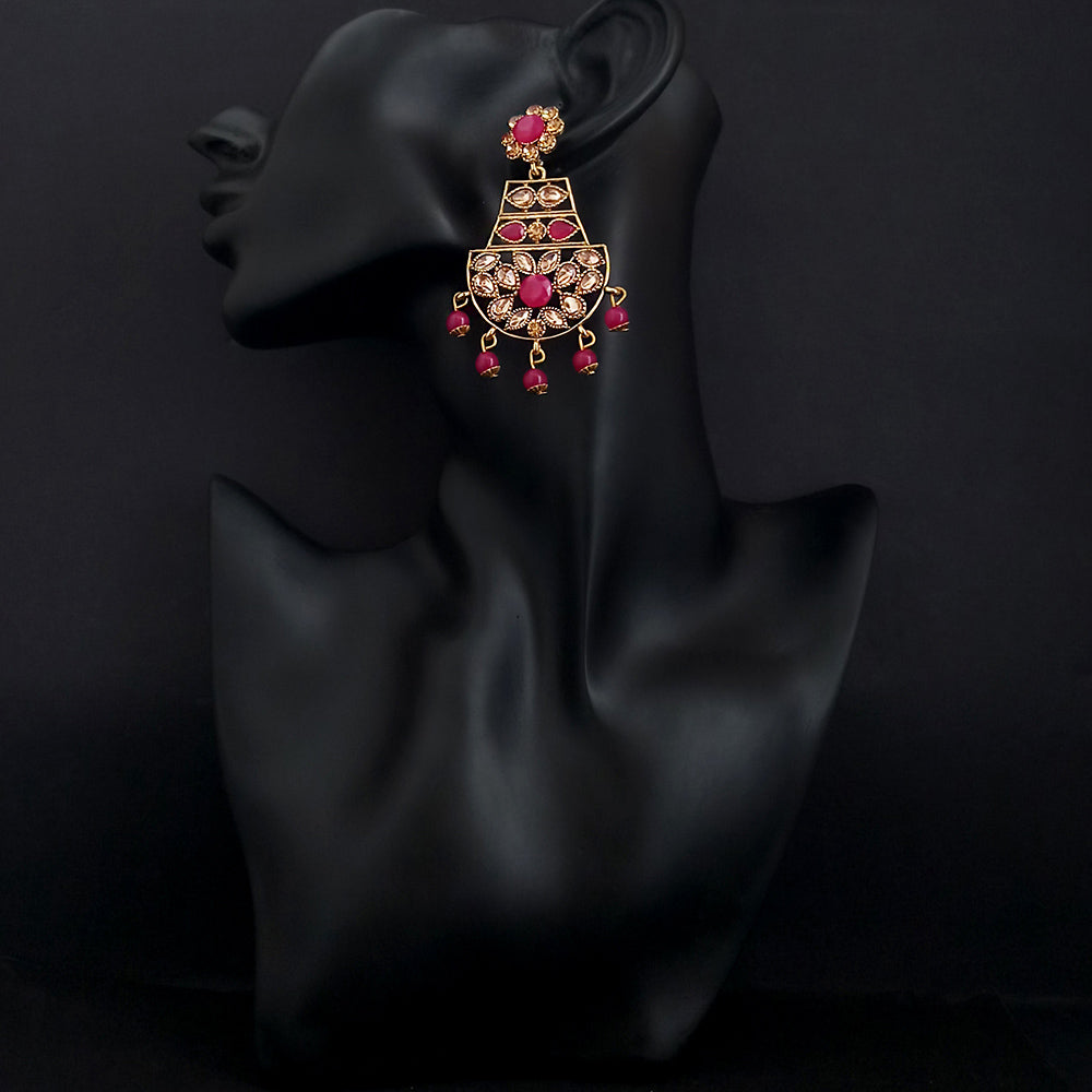 JD Arts Antique Gold Plated Kundan Pink Beads Dangler Earrings