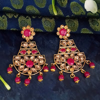 JD Arts Antique Gold Plated Kundan Pink Beads Dangler Earrings