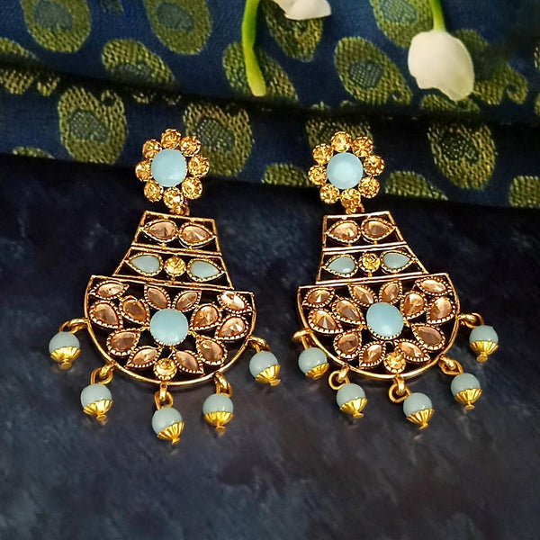 JD Arts Antique Gold Plated Kundan Blue Beads Dangler Earrings - 1317623E