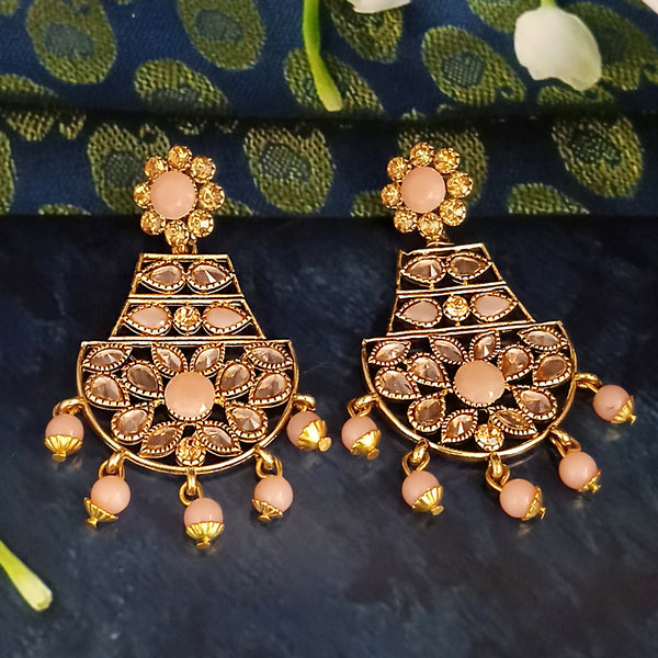 JD Arts Antique Gold Plated Kundan Peach Beads Dangler Earrings