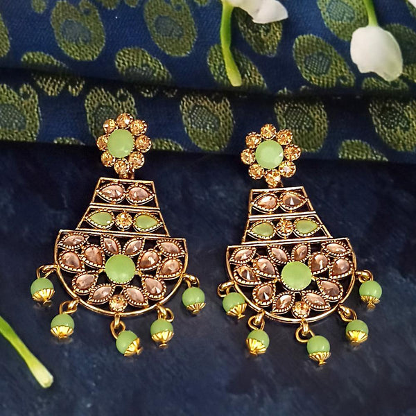 JD Arts Antique Gold Plated Kundan Green Beads Dangler Earrings - 1317623G