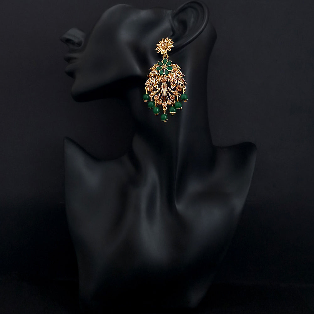 JD Arts Antique Gold Plated Kundan Green Beads Dangler Earrings