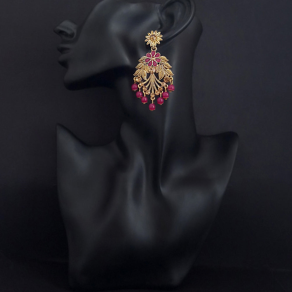 JD Arts Antique Gold Plated Kundan Pink Beads Dangler Earrings
