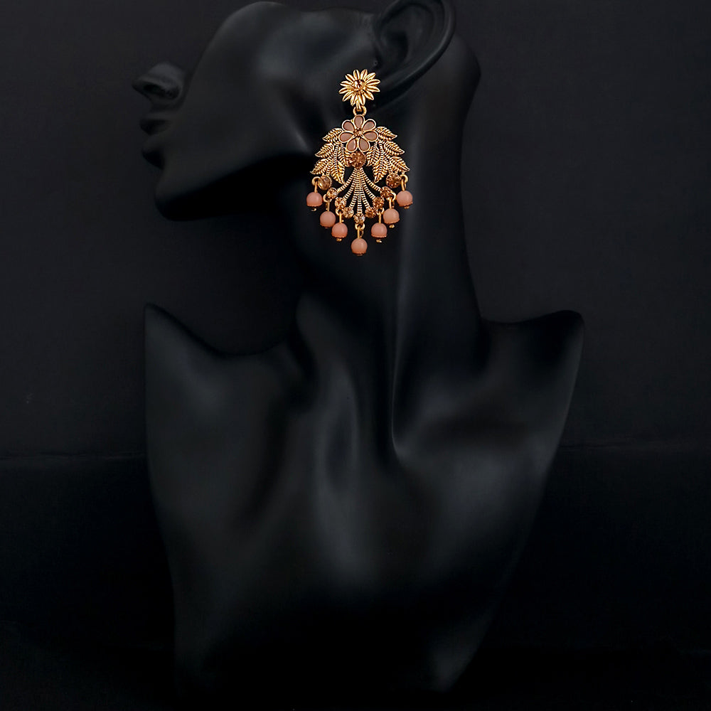 JD Arts Antique Gold Plated Kundan Peach Beads Dangler Earrings