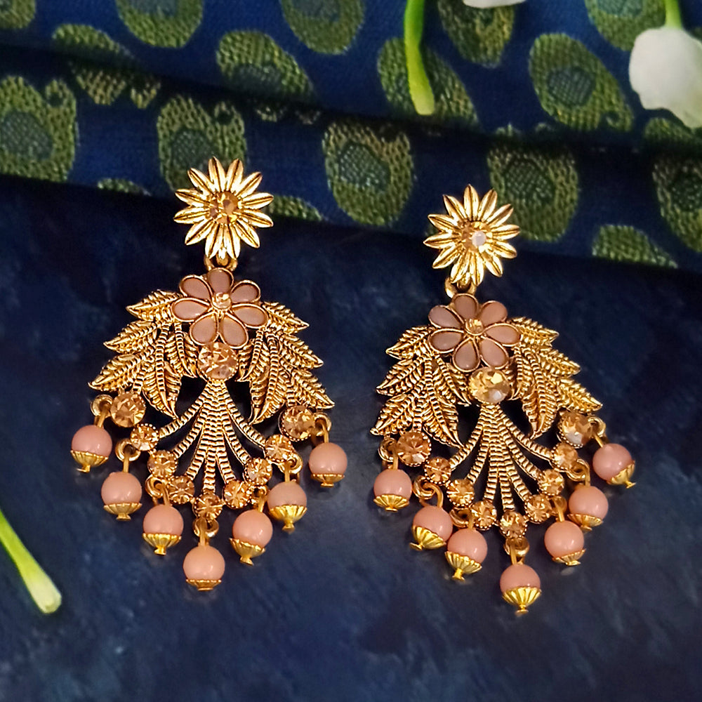 JD Arts Antique Gold Plated Kundan Peach Beads Dangler Earrings