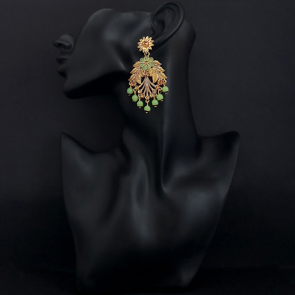 JD Arts Antique Gold Plated Kundan Green Beads Dangler Earrings