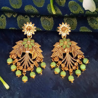 JD Arts Antique Gold Plated Kundan Green Beads Dangler Earrings