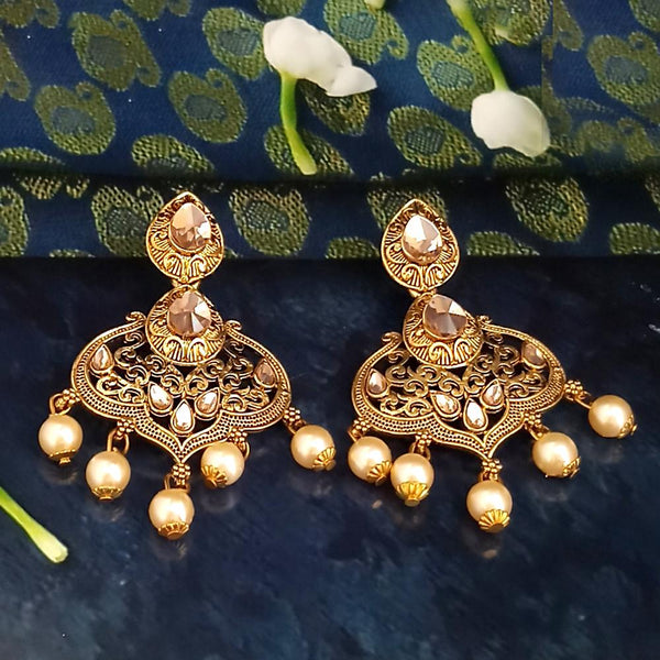 JD Arts Antique Gold Plated Brown Kundan Dangler Earrings - 1317625A