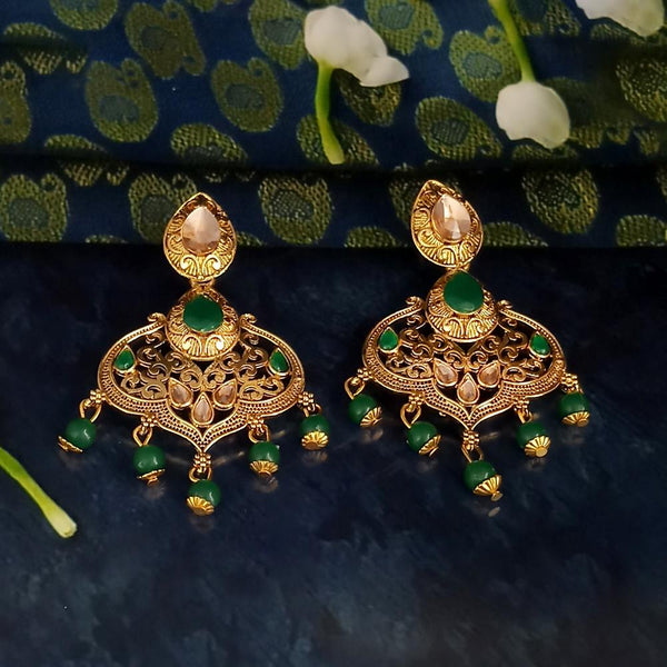 JD Arts Antique Gold Plated Kundan Green Beads Dangler Earrings - 1317625C