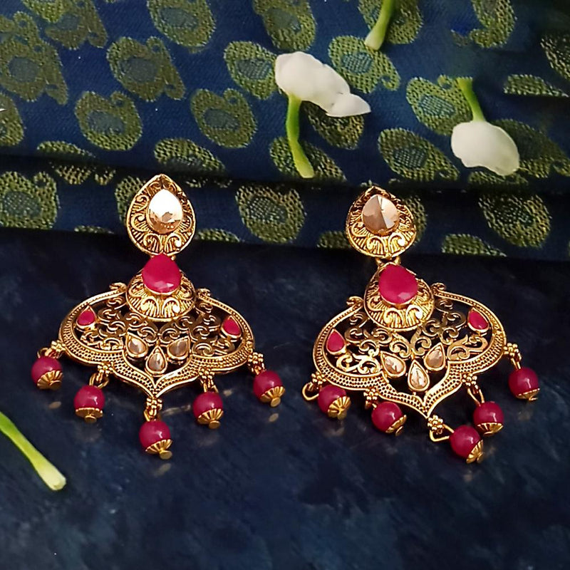 JD Arts Antique Gold Plated Kundan Pink Beads Dangler Earrings - 1317625D