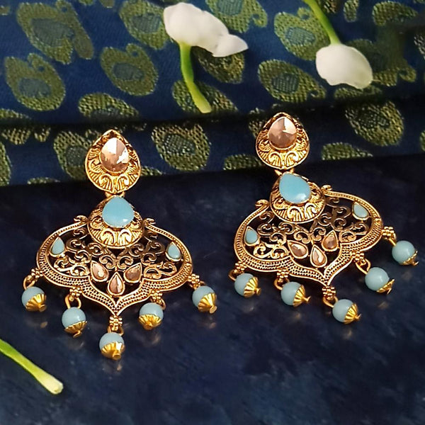 JD Arts Antique Gold Plated Kundan BLue Beads Dangler Earrings - 1317625E