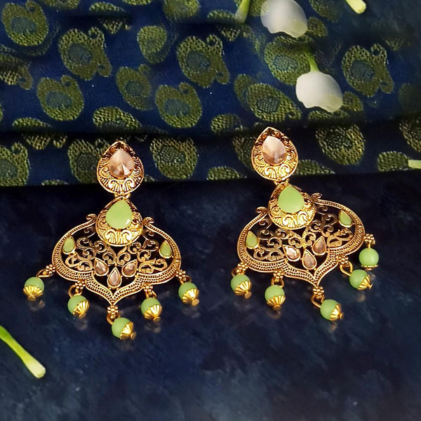 JD Arts Antique Gold Plated Kundan Green Beads Dangler Earrings - 1317625G