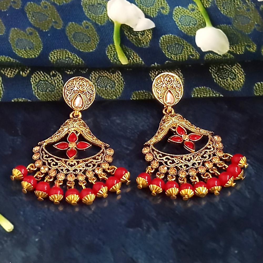 JD Arts Antique Gold Plated Kundan Red Beads Dangler Earrings - 1317626B