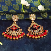 JD Arts Antique Gold Plated Kundan Red Beads Dangler Earrings - 1317626B