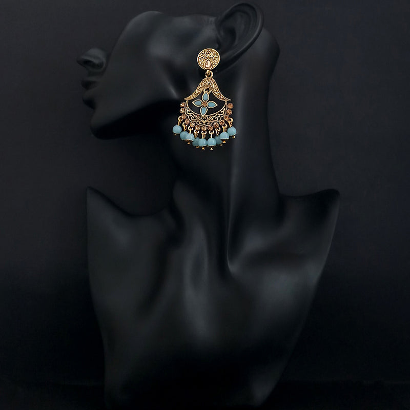 JD Arts Antique Gold Plated Kundan Blue Beads Dangler Earrings