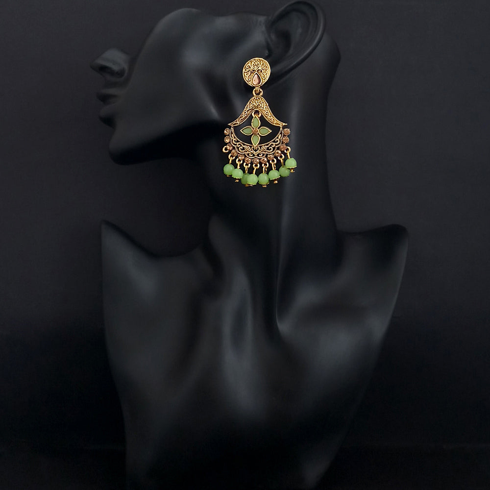 JD Arts Antique Gold Plated Kundan Green Beads Dangler Earrings